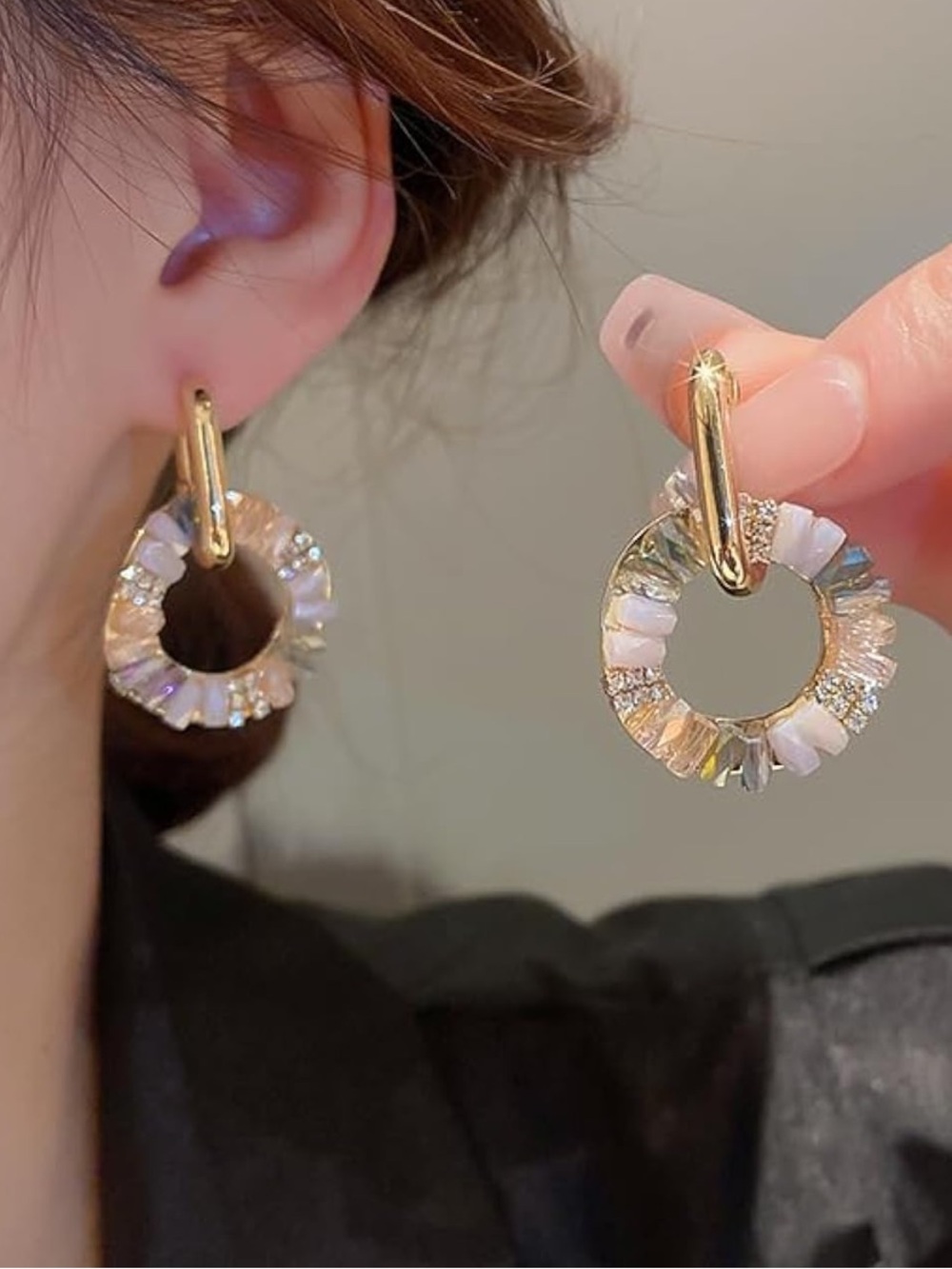 Anthropologie Gold Hoop Earrings with Pastel Crystal Wreath - Picture 3 of 5